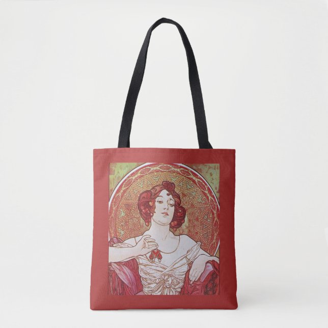 Antik Röd Art Nouveau Alphonse Mucha Ruby Lady Tygkasse (Framsida)