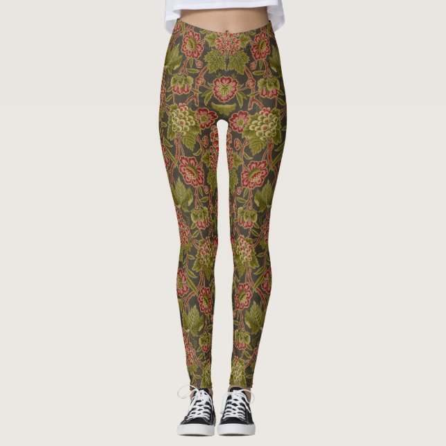 Antik Röd Blommig och Druvor Botanisk Mönster Leggings (Framsida)