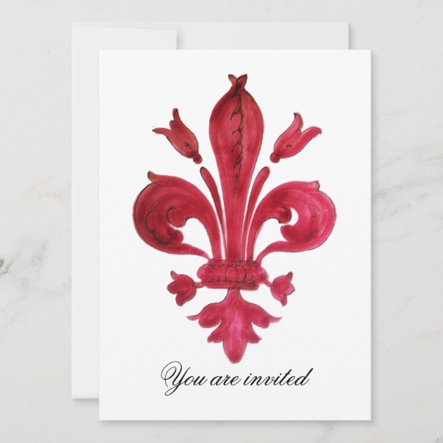 ANTIK RÖD FLEUR DE LIS Damask Ädelstensmonogram Inbjudningar (Framsida)