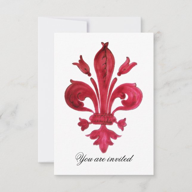ANTIK RÖD FLEUR DE LIS Damask Ädelstensmonogram Inbjudningar (Framsida)
