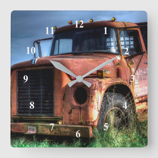 Antik röd internationell pickup lastbil fyrkantig klocka (Framsida)