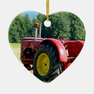 Antik röd lantgårdtraktor julgransprydnad keramik