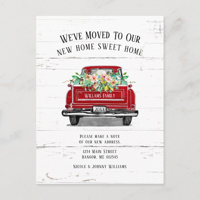 Antik röd lastbil rosa blommor rustik flyttlass meddelande vykort (Framsida)