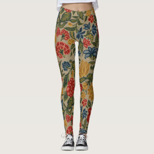 Antik röd och gul brodyr blommönster leggings