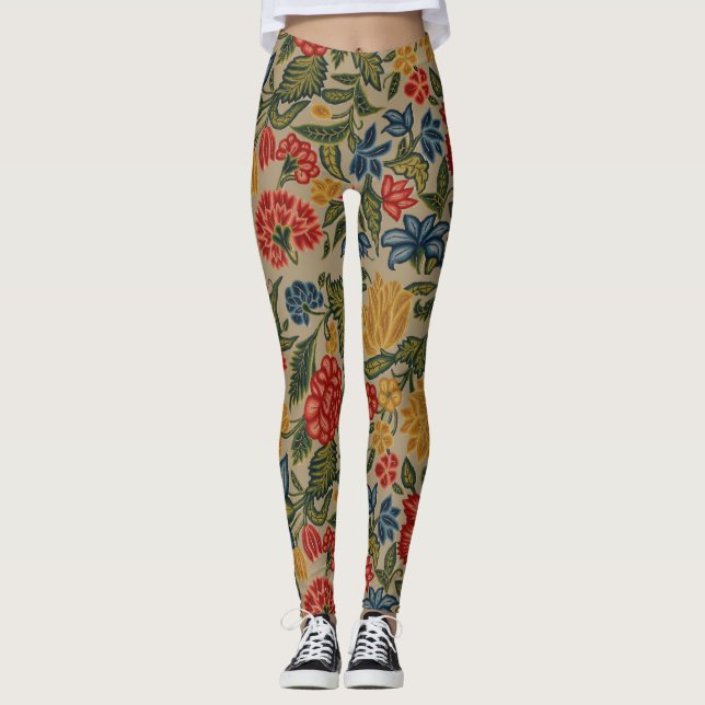 Antik röd och gul brodyr blommönster leggings (Framsida)