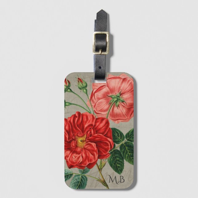 Antik röd ros konst på grått monogram bagagebricka (Framsida vertikal)