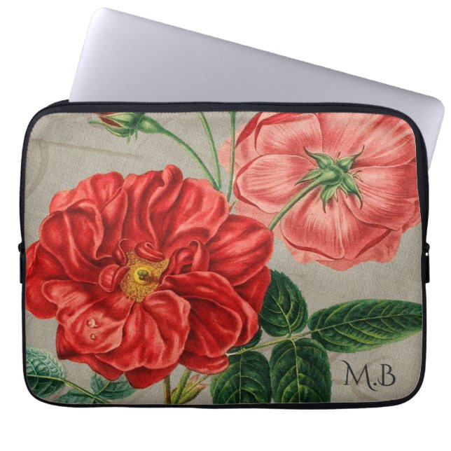 Antik röd ros konst på grått monogram laptop fodral (Framsidan)