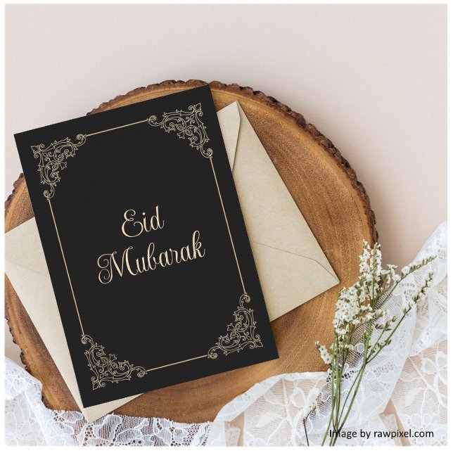 Antik Rokoko Ram Svart Guld Skrift Eid Mubarak Julkort (Skapare uppladdad)