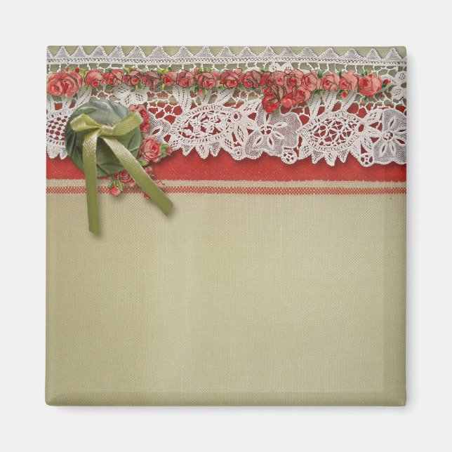 Antik Ros Spets Rustik Röd Viktoriansk Jute Magnet (Framsidan)