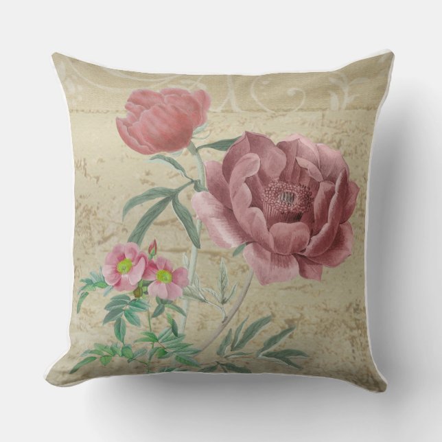 Antik Rosa Blommig Kudd | Elegant Stugträdgård Kudde (Framsida)