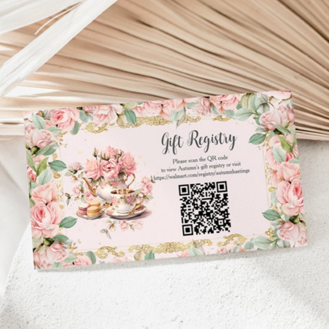Antik Rosa Blommig Tea Party Gåvo Registrerings QR Tilläggskort (Skapare uppladdad)