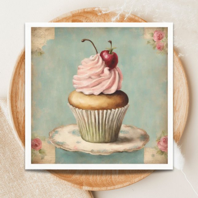 Antik Rosa Fransk Cupcake Födelsedags Tea Party Pappersservett (Vintage French Pink Cupcake Birthday Tea Party Napkins)