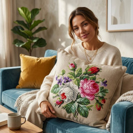 Antik Rosa och VitBlommig Korsstygn Kudde