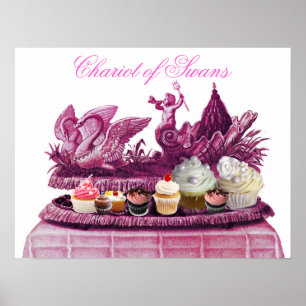 ANTIK ROSEFÄRGAD SVAN- OCH CUPCAKEKÄRRRA POSTER