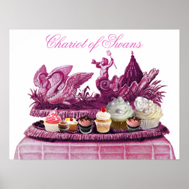 ANTIK ROSEFÄRGAD SVAN- OCH CUPCAKEKÄRRRA POSTER (Framsidan)