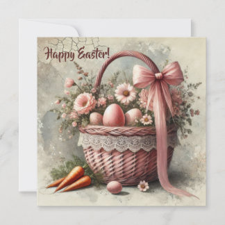 Antik rustik korg med pastellfärgade ägg och moröt julkort