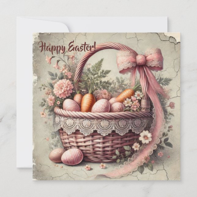 Antik rustik korg med spetsbåge och pastellfärgade julkort (Framsida)