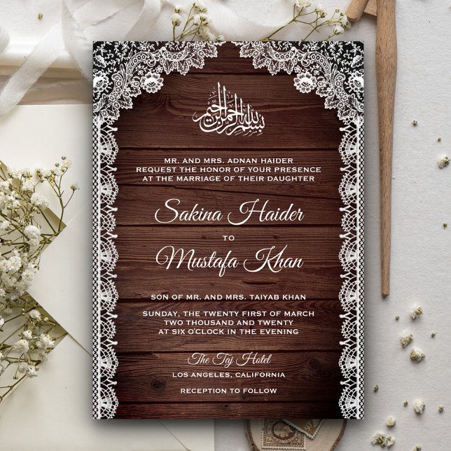 Antik Rustik Ladansträ Wood Lace Islamisk Bröllop Inbjudningar (Skapare uppladdad)