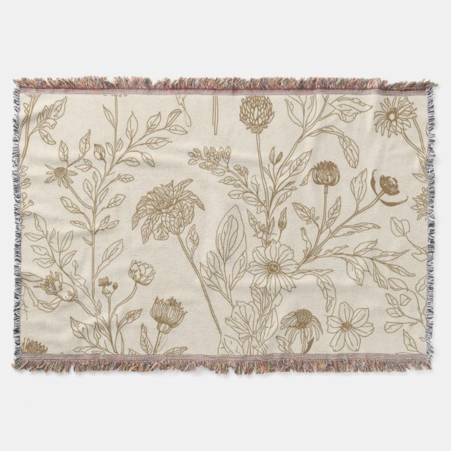 Antik Sepia Botanisk Linje Konst Blommig Mönster Filt (Framsidan)