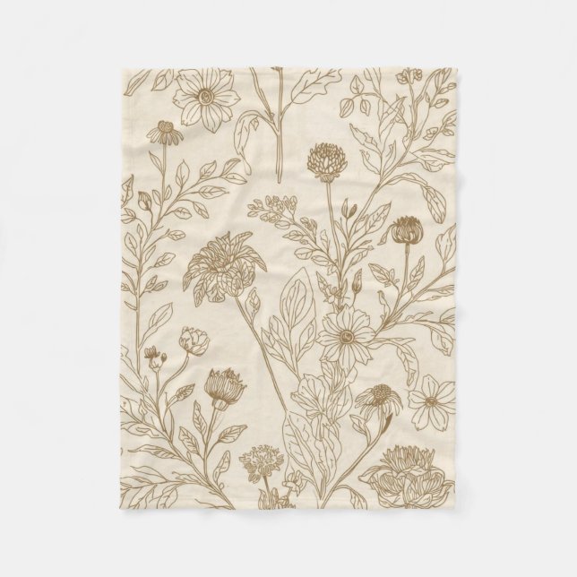 Antik Sepia Botanisk Linje Konst Blommig Mönster Fleecefilt (Framsidan)
