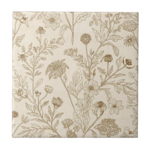 Antik Sepia Botanisk Linje Konst Blommig Mönster Kakelplatta