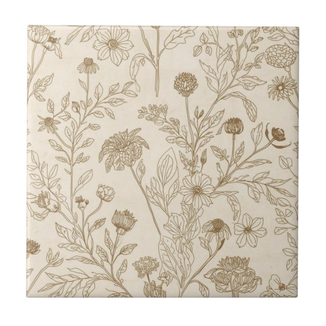 Antik Sepia Botanisk Linje Konst Blommig Mönster Kakelplatta (Framsidan)