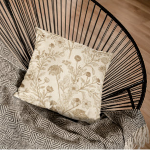 Antik Sepia Botanisk Linje Konst Blommig Mönster Kudde