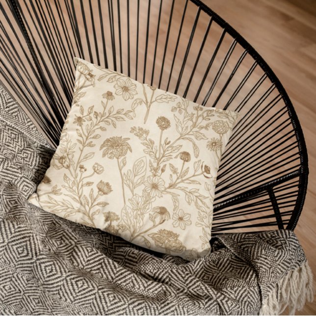 Antik Sepia Botanisk Linje Konst Blommig Mönster Kudde (Skapare uppladdad)