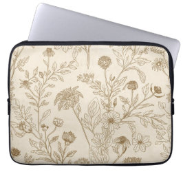 Antik Sepia Botanisk Linje Konst Blommig Mönster Laptop Fodral