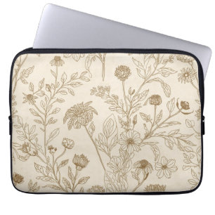 Antik Sepia Botanisk Linje Konst Blommig Mönster Laptop Fodral
