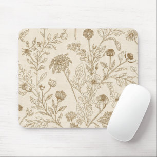 Antik Sepia Botanisk Linje Konst Blommig Mönster Musmatta