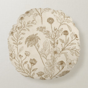 Antik Sepia Botanisk Linje Konst Blommig Mönster Rund Kudde