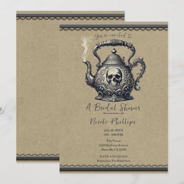 Antik silver dödskalle tekanna bröllopsdusch inbjudningar (Fram/baksida)