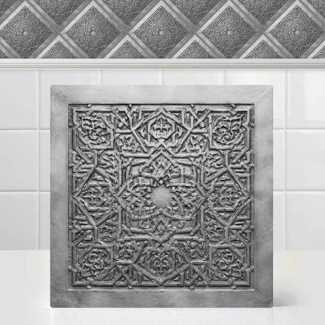 Antik silver Marockansk arabesk geometrisk Kakelplatta (Antique Silver Moroccan Arabesque Geometric Ceramic Tile)