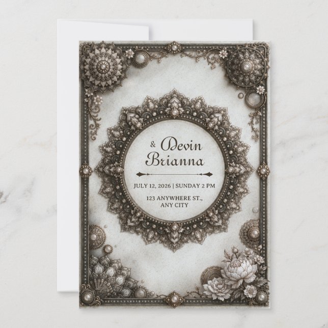 Antik silver utsmyckad Mandala ram Bröllop Inbjudningar (Framsida)