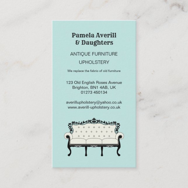 Antik soffa, vintageUpholstery Visitkort (Framsida)