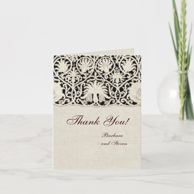 Antik spets linne vit klassisk vacker bröllop tack kort (Framsida)