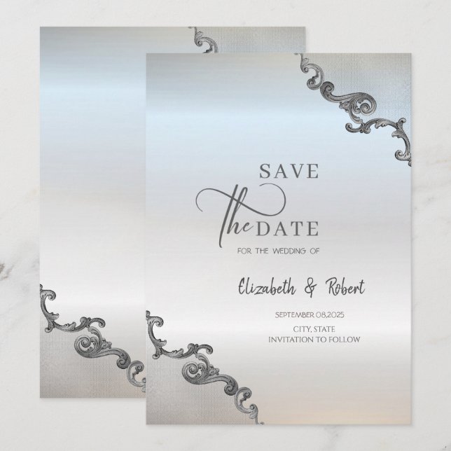 Antik Spetskant Silver Bröllop Save The Date Spara Datumet (Fram/baksida)