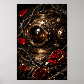 Antik Steampunk-dykarhjälm Röd Ros Gotisk Konst Poster