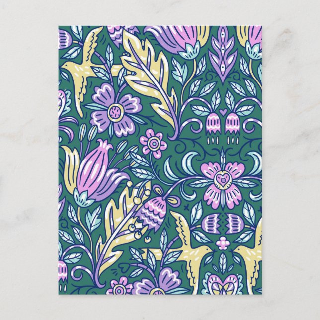 Antik stil blommor och fåglar mönster vykort (Framsida)
