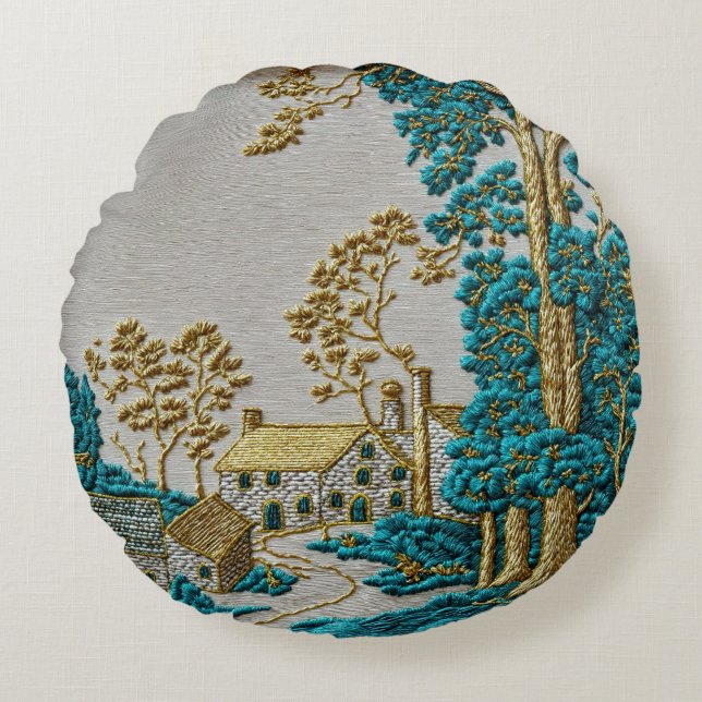 Antik stil teal + guld färg landsbygd rund kudde (Framsidan)