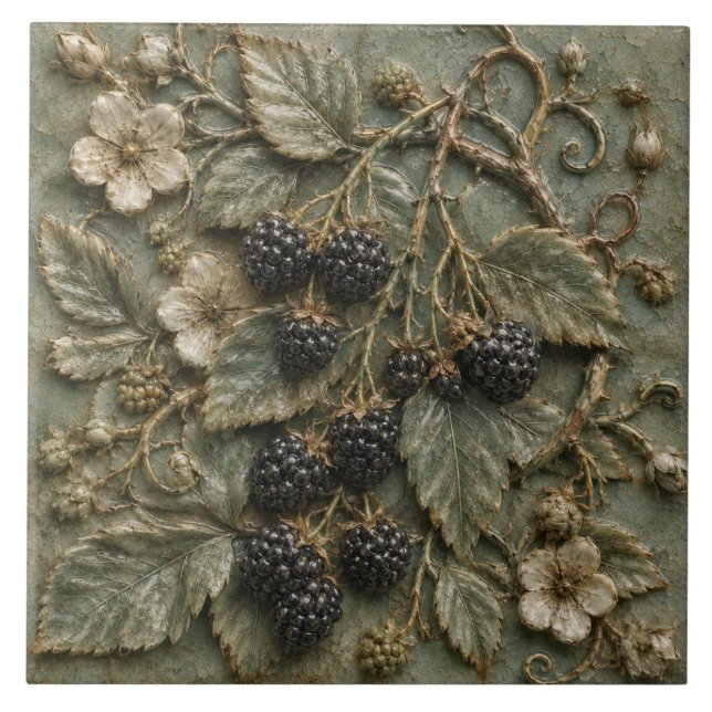 Antik svartvinbärs Botanisk Falsk Relief Kakelplatta (Framsidan)