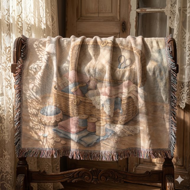 Antik Sybaskett Cottagecore Pastellfärger Filt (Vintage Sewing Basket Cottagecore Pastel Throw Blanket)