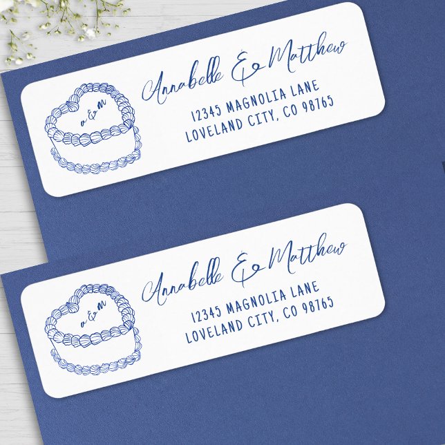 Antik Tårta Handritad Blå Bröllpsadress Returadress Etikett (Vintage Cake Hand Drawn Blue Wedding Address label)