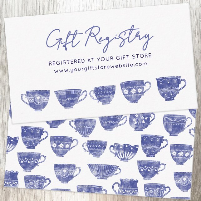 Antik Teacup Blå Bebis Shower Gåva Registrering Tilläggskort (Antique vintage teacup tea party themed gift registry enclosure card with blue watercolor art)