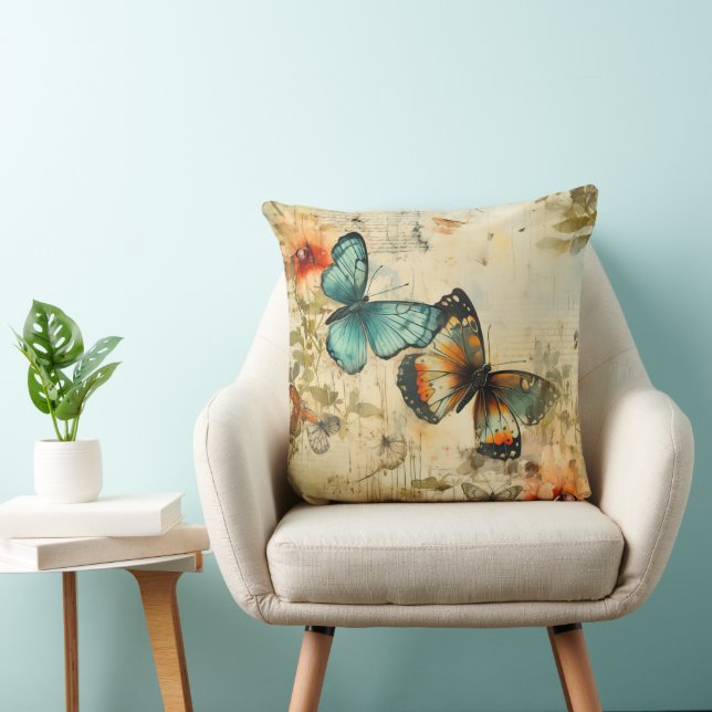 Antik Teal Orange Fjäril Blommig Kudde (Stol)