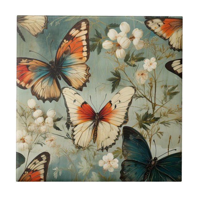 Antik Teal Orange Fjäril Vit Blomma Kakelplatta (Framsidan)