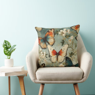 Antik Teal Orange Fjäril Vit Blomma Kudde