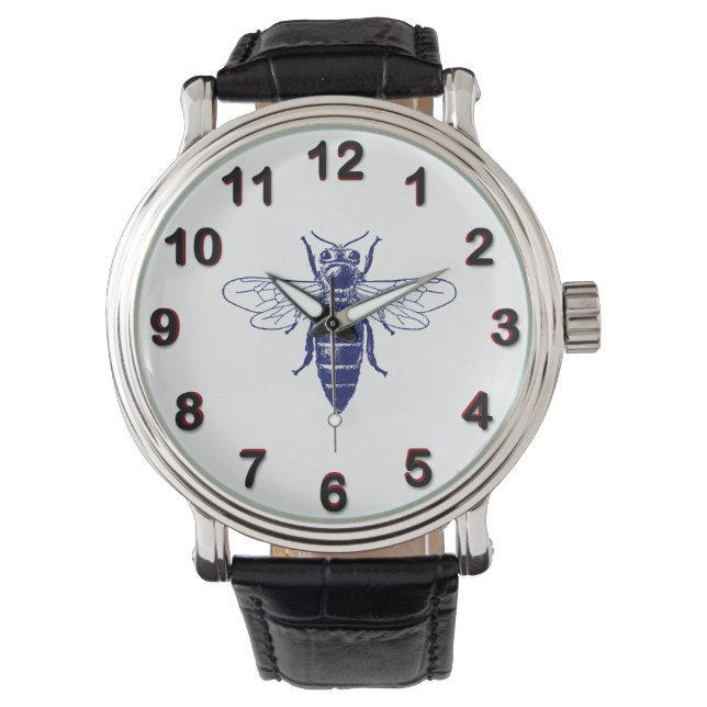 Antik teckning av drottningbi i blått armbandsur (Framsida)