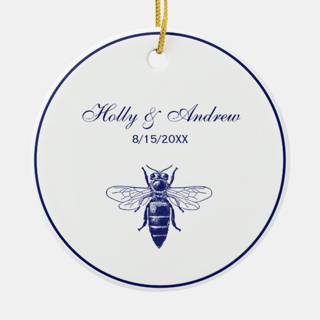 Antik teckning av drottningbin i blått julgransprydnad keramik (Framsidan)